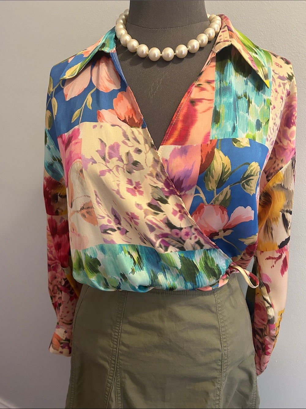 Zara Floral Patchwork Wrap long sleeve Blouse Multicolor